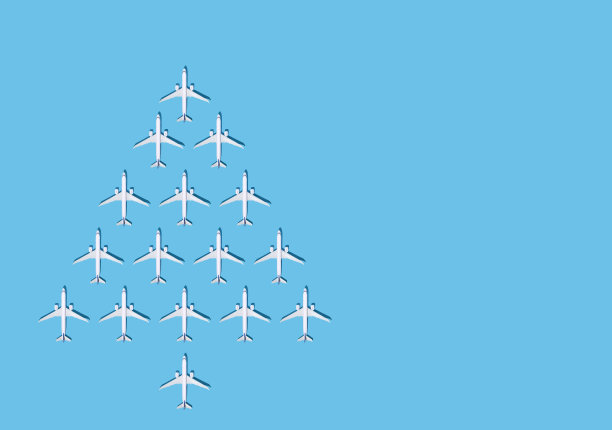 圣诞节的背景。飞机上的圣诞树。明信片的航空公司。一个机场。蓝色背景与文本复制空间的位置。蓝色背景上的平面图案。航空公司飞行。飞机图片下载