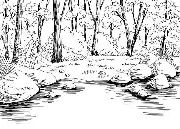 森林湖图形黑白色风景素描插图向量图片下载