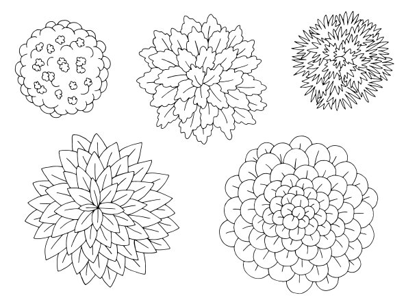 景观设计师设计元素集图形黑白色顶部草图鸟瞰图矢量图片下载