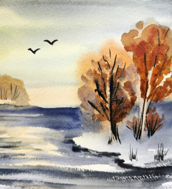 水彩秋林，手绘插画图片下载