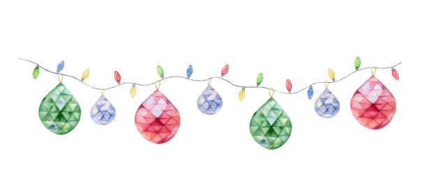 水彩向量圣诞节彩色花环与水晶和彩色灯泡。插图贺卡和邀请孤立在白色背景。图片下载