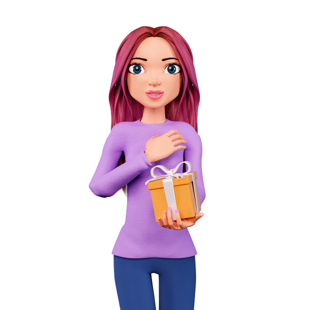 惊讶的女人收到了情人节或生日礼物。3D卡通人物手持礼品盒。庆祝情人节的概念图片下载