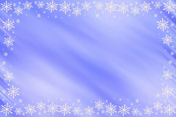 冬季蓝色饱和明亮的梯度背景与对角线倾斜的波浪和白色雪花在顶部，底部，侧面，沿轮廓。图片下载