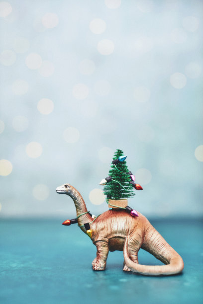 圣诞背景与可爱的金色恐龙携带小圣诞树包裹在节日灯图片下载