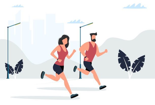 在城市背景中奔跑的男人和女人。一些运行。矢量插图的现代风格图片下载