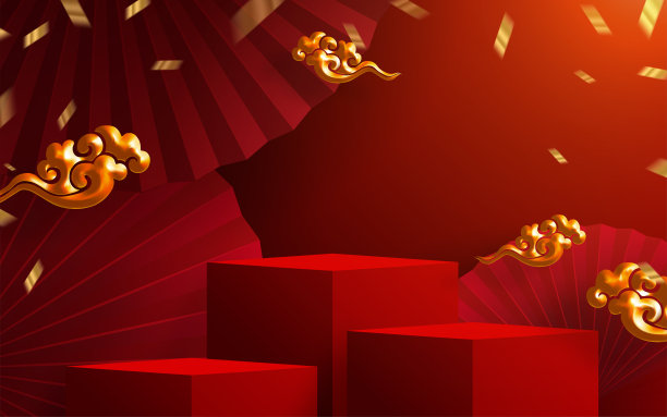 3d讲台圆形、方盒舞台讲台和纸艺术中国新年、中国节日、中秋节、红剪纸、扇子、鲜花和亚洲元素与工艺风格的背景。图片下载