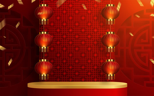 3d讲台圆形、方盒舞台讲台和纸艺术中国新年、中国节日、中秋节、红剪纸、扇子、鲜花和亚洲元素与工艺风格的背景。图片下载