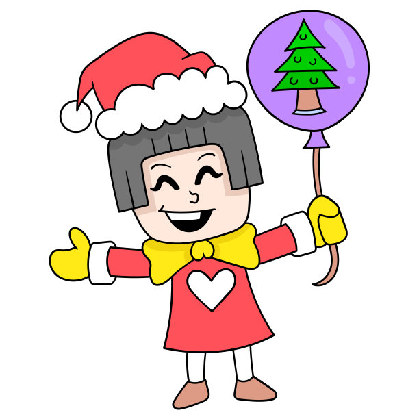 女孩手持气球庆祝圣诞节和新年，矢量插图艺术。涂鸦图标形象卡哇伊。图片下载