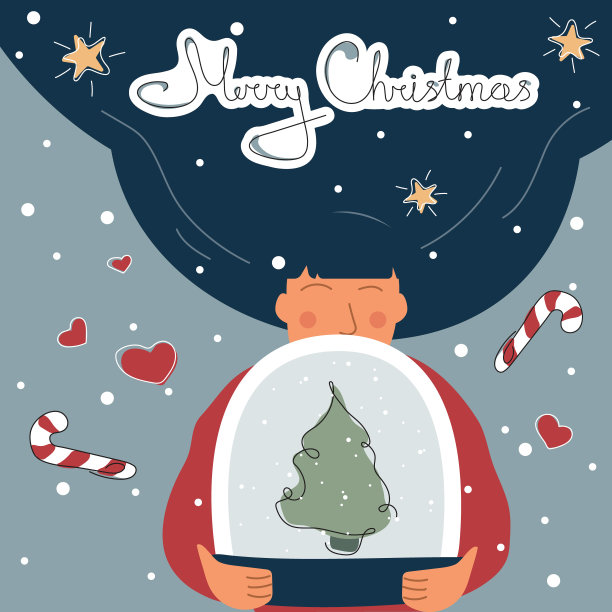 圣诞女孩拿着写着“圣诞快乐”的雪球。矢量iIllustration快乐的冬季时光在一条线的风格图片下载