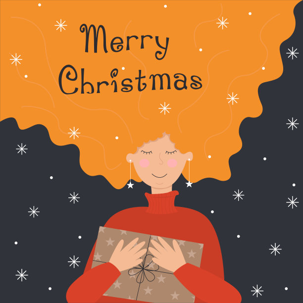 一个红头发的女孩拿着一件礼物。题词“圣诞快乐”。图片下载