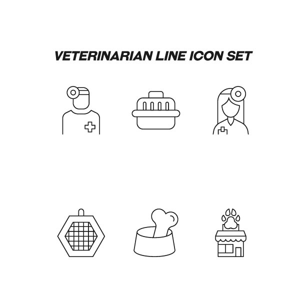 工业概念。现代高品质兽医线条图标合集。可编辑笔画。兽医、猫笼、碗中骨头、兽医诊所的优质线性符号图片下载