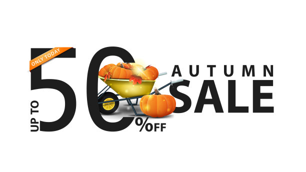 秋天大甩卖，白色的横幅打五折，花园手推车上有收获的南瓜和秋天的叶子图片下载