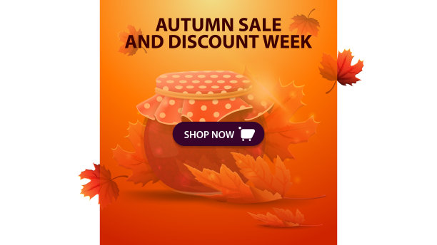 秋季销售和折扣周，水平橙色折扣网横幅与果酱和枫叶的罐子图片下载