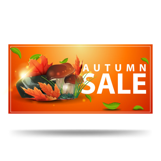秋天大甩卖，橙色的蘑菇和秋天的叶子折扣横幅图片下载