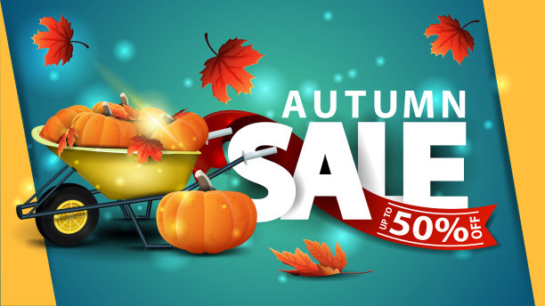 秋天的销售，绿色的网横幅花园手推车与收获的南瓜和秋天的叶子图片下载