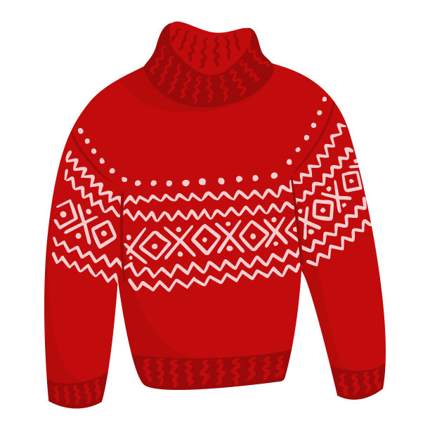 平面矢量卡通插图一个舒适温暖的红色毛衣与新年的图案。圣诞节在白色的背景上编织暖和的衣服图片下载