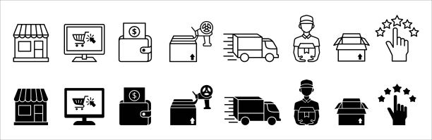 网上购物订单序列图标。点击并收集订单图标。电子商务业务的概念。包含前面商店、购物车、钱包、纸箱包装、运输、快递、开箱等图标图片下载