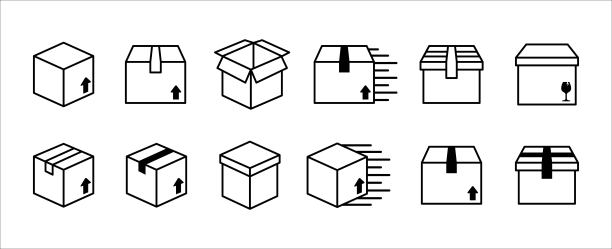 框线图标集。纸箱矢量图标设置。空开或拆箱插图。快速交货shipping sign。礼物或包裹符号。图片下载