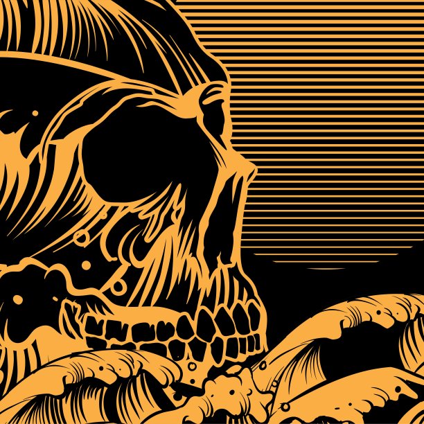 复古，好玩的金色日本复古波浪头骨背景矢量设计模板图片下载