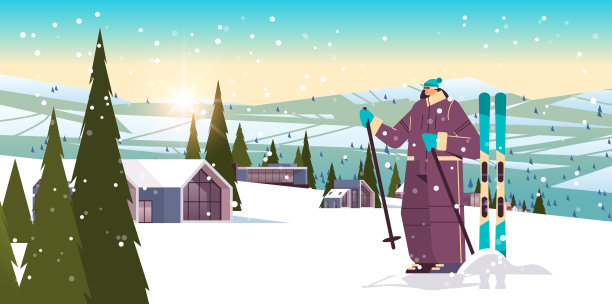 女滑雪运动员做滑雪活动冬季假期概念降雪景观背景图片下载