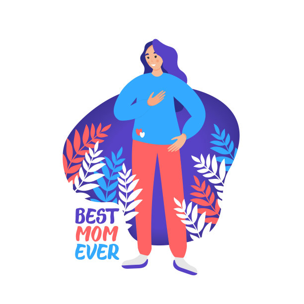 祝您母亲节快乐。年轻的妈妈用树叶装饰。为贺卡，封面，海报的平面图形插图。手绘矢量书法。图片下载