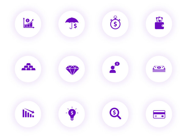 财务紫色矢量图标上的圆形按钮带有紫色阴影。用于网页，移动应用，UI设计和印刷的金钱和金融图标图片下载