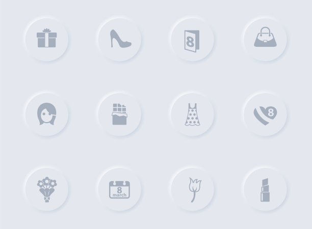 3月8日灰色矢量图标圆形橡胶按钮。3月8日图标设置为网页，移动应用程序，UI设计和促销业务图片下载