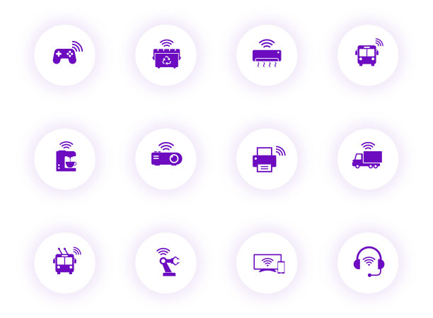 物联网紫色矢量图标上的圆形按钮带有紫色阴影。物联网图标设置网页，移动应用程序，UI设计和打印图片下载