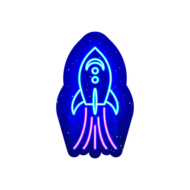 霓虹灯色的太空火箭图标符号。午夜蓝色。霓虹天空中的火箭飞船设计。图片下载