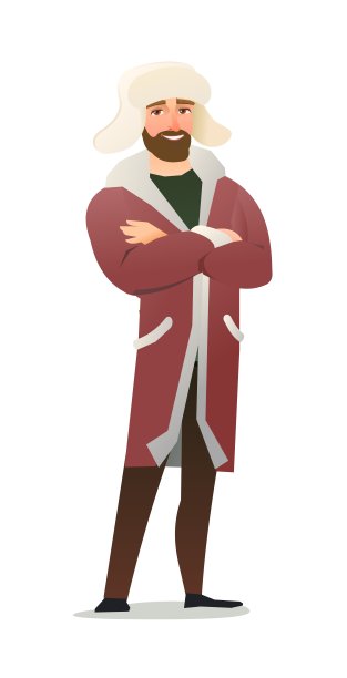 穿冬装的男人。羊皮外套和保暖的帽子。在冬天的家伙。开朗的人。站立姿势。漫画风格扁平化设计。单个的字符。插图孤立在白色背景上。向量图片下载