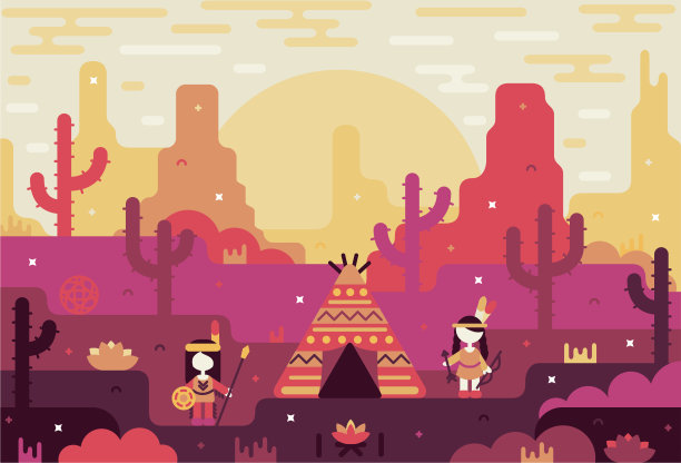 插图的土著美国印第安孩子与弓，箭，矛和棚屋-矢量平面卡通插图图片下载