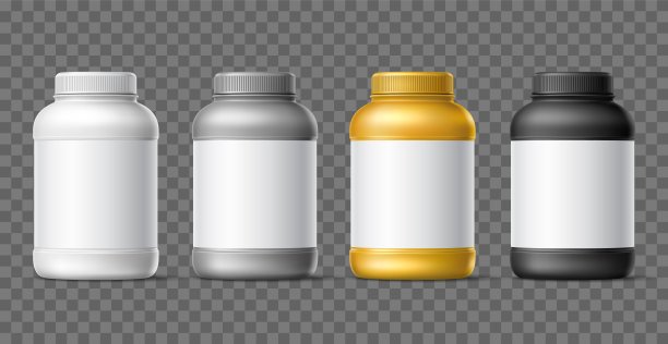 蛋白质容器模型。现实的黑色，银色和金色塑料瓶，白色空白标签，罐头与运动补充剂，健身营养包装，锻炼食品，向量隔离集图片下载