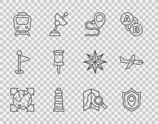 设置线世界地球仪与指南针，位置盾牌，路线定位，灯塔，火车，推针，搜索和飞机图标。向量图片下载