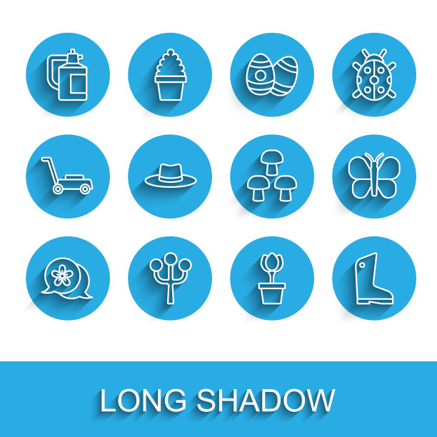 设置线花，开花树枝，花园肥料喷雾器，花盆中的郁金香，橡胶手套，园丁工人帽，蝴蝶和蘑菇图标。向量图片下载