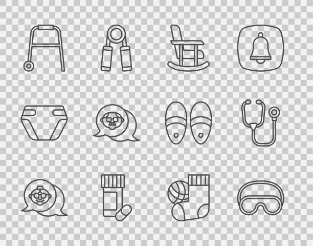 设置线祖母，眼睛睡眠面具，摇椅，药瓶药丸，沃克，祖父，袜子和听诊器图标。向量图片下载
