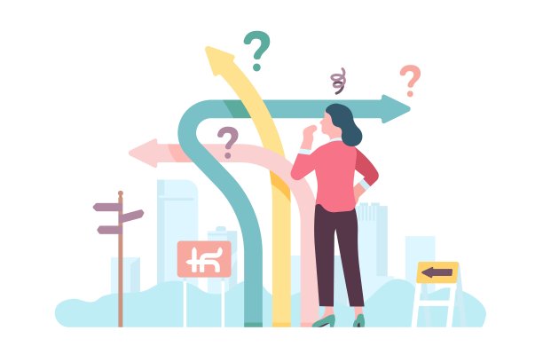 困境的人。沉思的女人面临着选择。替代途径。女性寻找正确的方向。十字路口指针。决策过程。多种道路交通选择。向量的概念图片下载
