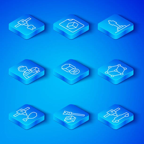 集线3D打印机鸡腿，等距立方体，模型，平面设计师，牙齿和汽车图标。向量图片下载