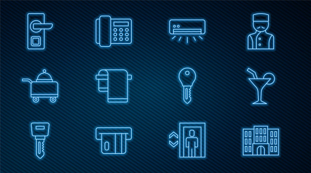 设有酒店大楼，鸡尾酒，空调，毛巾衣架，覆盖托盘的食物，数字门锁，钥匙和电话手机图标。向量图片下载