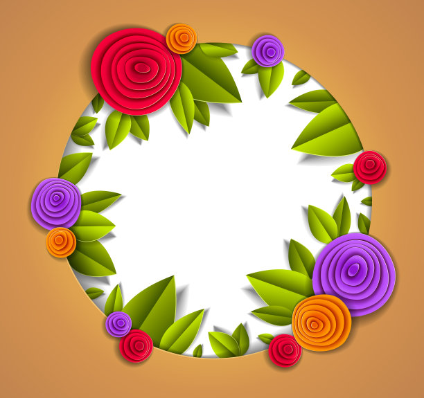 背景与鲜花和树叶剪纸风格，复制空间的文字，矢量花卉插图。婚礼请柬或浪漫的贺卡。图片下载