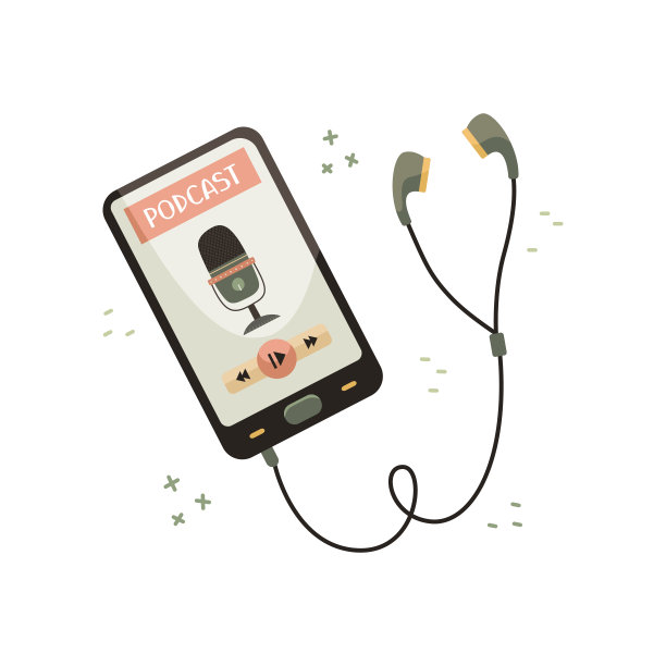 矢量插图的智能手机与耳机与播客应用。博客。现代的职业。平风格说明图片下载
