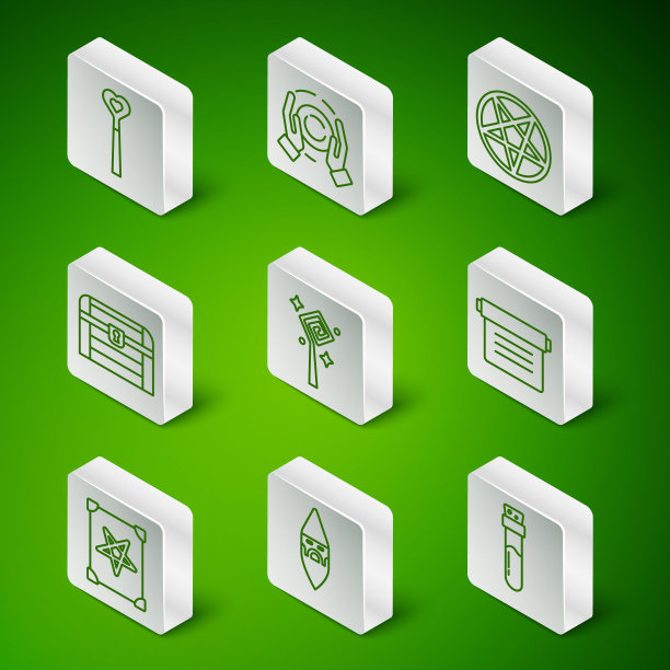 设置线瓶子与药水，巫师术士，魔杖，工作人员，古董宝箱，球手，古老的魔法书和图标。向量图片下载