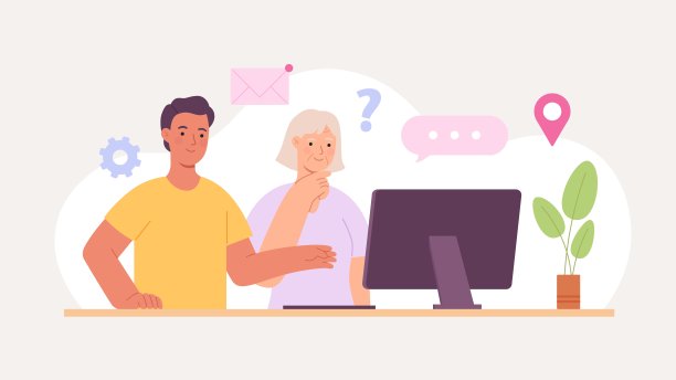 孙子或志愿者帮助老年妇女学习电脑。奶奶使用互联网。现代技术学校为老年人提供载体概念图片下载