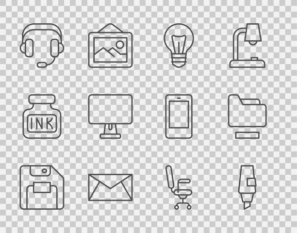 设置线软盘，记号笔，灯泡，邮件和电子邮件，耳机，电脑显示器，办公椅和文件文件夹图标。向量图片下载