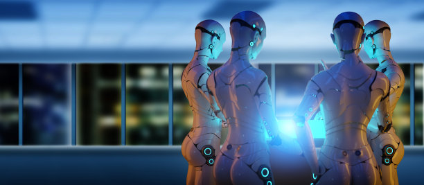 智能工厂：工业4.0，M2M计算机辅助制造，3D人形机器人在工厂生产线与机器协同工作，AI未来工业工程图片下载