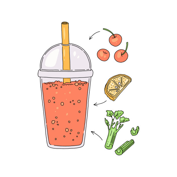 排毒奶昔鸡尾酒混合樱桃和芹菜矢量插图分离。图片下载