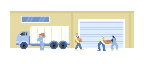 仓库建筑，工人卸货卡车分配或储存图片下载