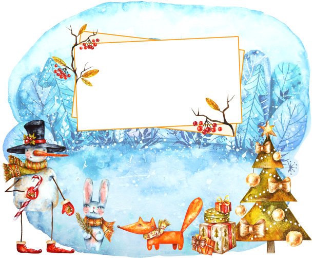水彩画框架和圣诞卡插图。可爱的角色和元素。图片下载