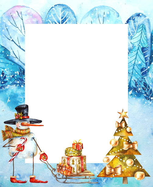 水彩画框架和圣诞卡插图。可爱的角色和元素。图片下载