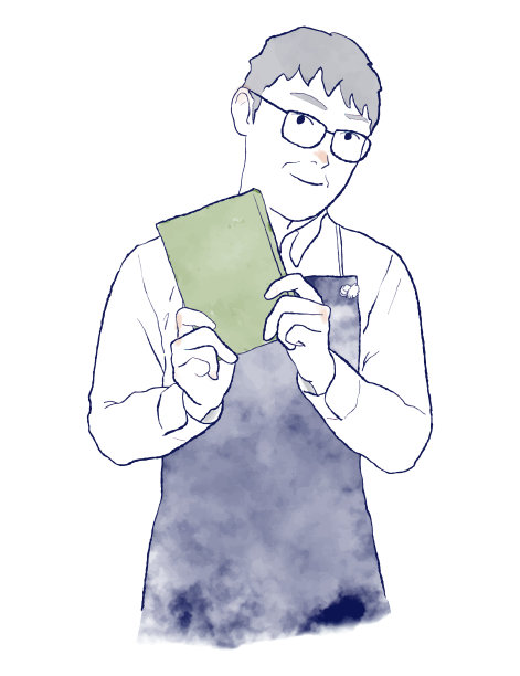 年长的亚洲男性书店职员推荐一本书。上半身水彩水墨手绘插图。眼镜，衬衫和围裙图片下载