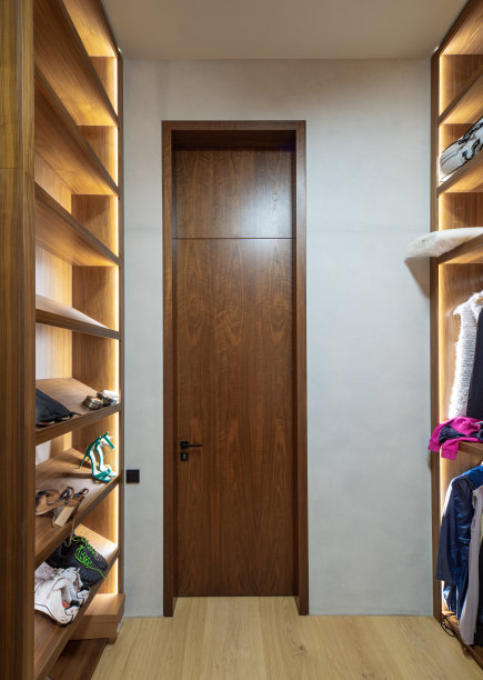 豪华公寓更衣室的现代室内设计。木制货架图片下载